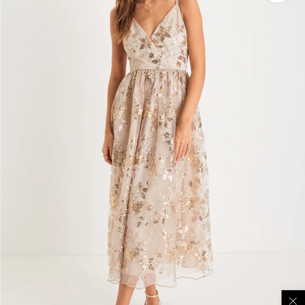 Lulu’s Glittery Glamor Gold Sequin Midi Dress